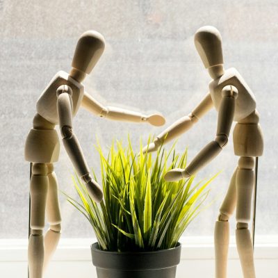 Two wooden mannequins reaching towards a potted plant